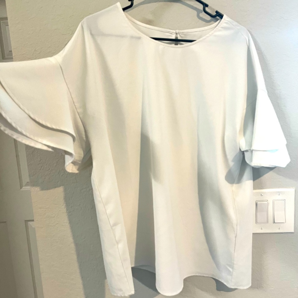 XL WHITE ELBOW SLEEVE FRILL SLEEVE BLOUSE